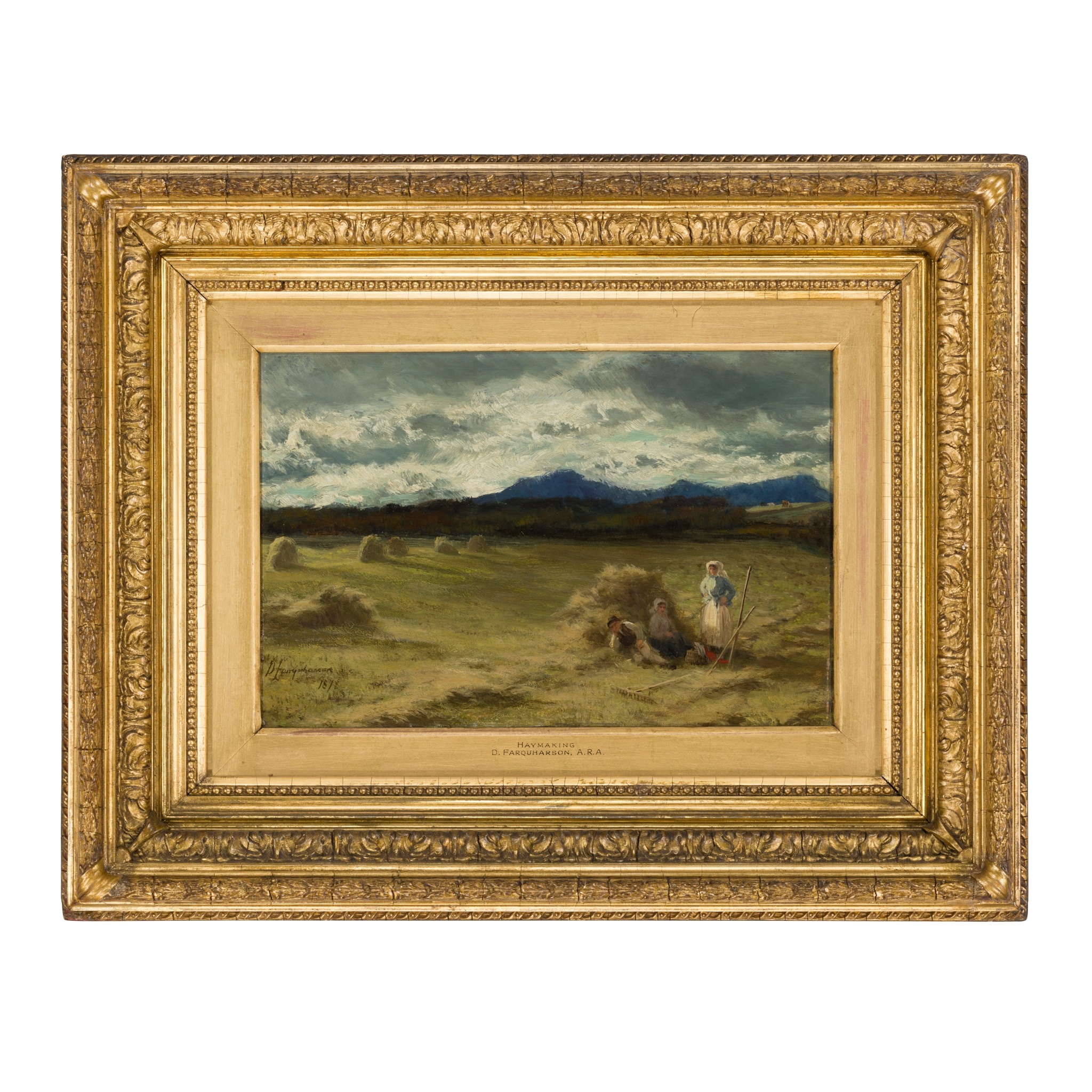Artwork by David Farquharson, HAYMAKING - BENGAIRN, MID HILL AND SCREEL FROM AUCHENCAIRN, Made of oil on board