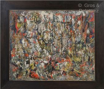 Composition Oil on canvas. Trace of signature in the lower right corner. Dedicated on the back "In memory of my late friend - Endre Rozsda