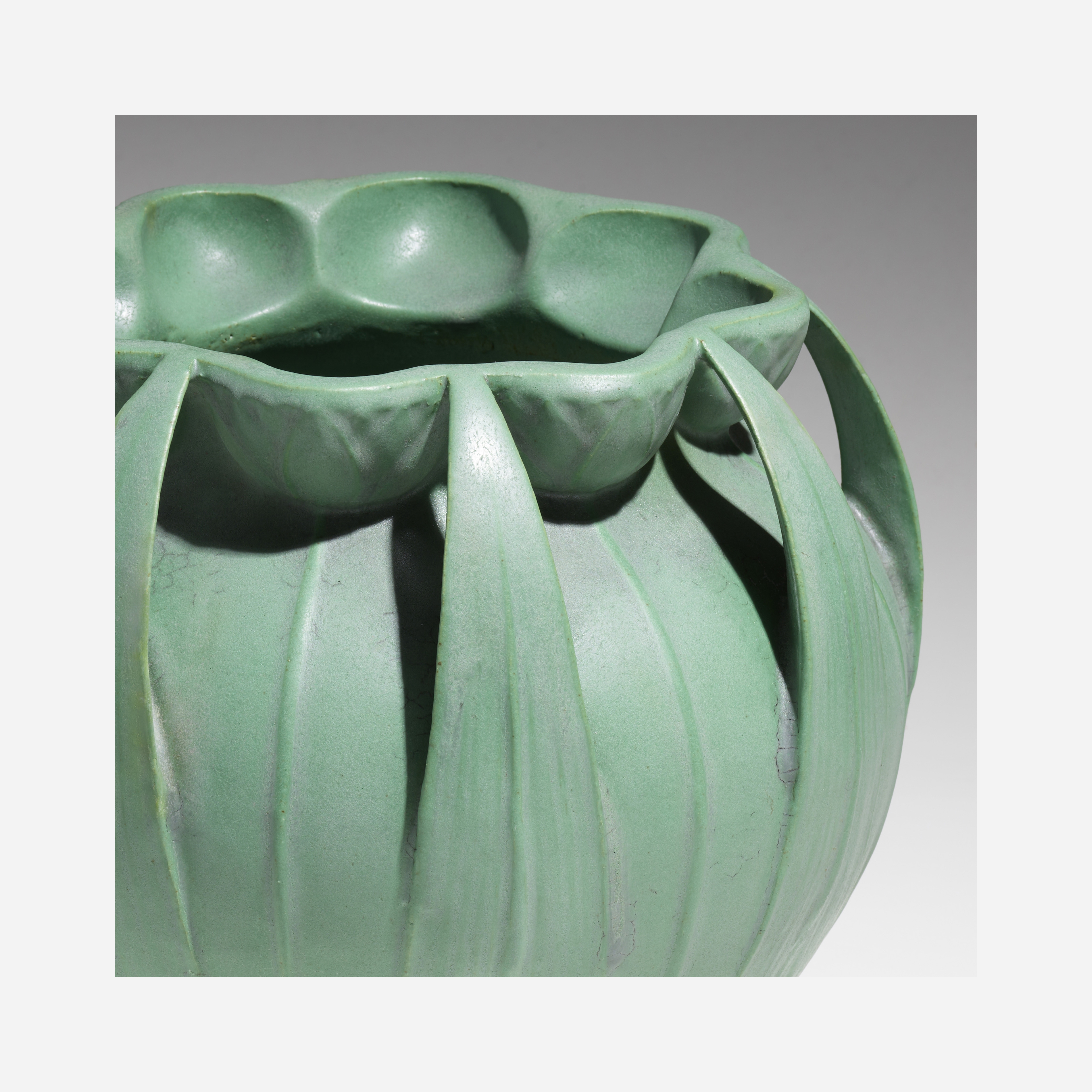 Artwork by Hugh M. G. Garden, Rare jardiniere with lotus blossoms and arrowhead leaves, model 106, Made of glazed earthenware