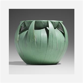 Rare jardiniere with lotus blossoms and arrowhead leaves, model 106 - Hugh M. G. Garden