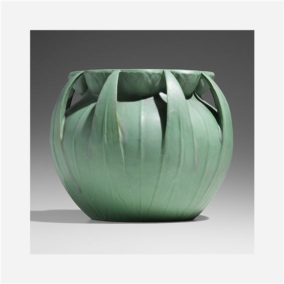 Rare jardiniere with lotus blossoms and arrowhead leaves, model 106 - Hugh M. G. Garden