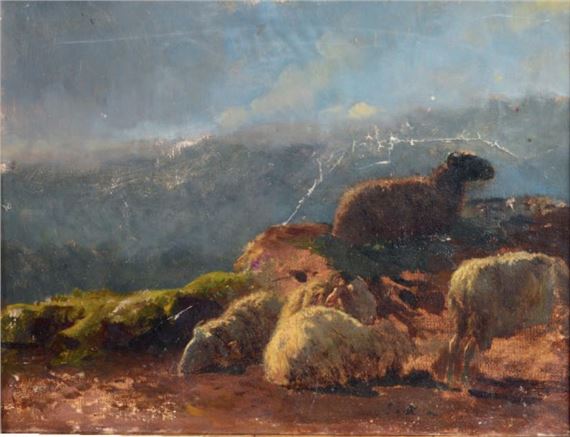 Sheep in the Pyrenees Oil on canvas 25x 30 cm Stamp on the back on the frame of the sale of Workshop at Georges Petit in 1900. by Rosa Bonheur, 1900