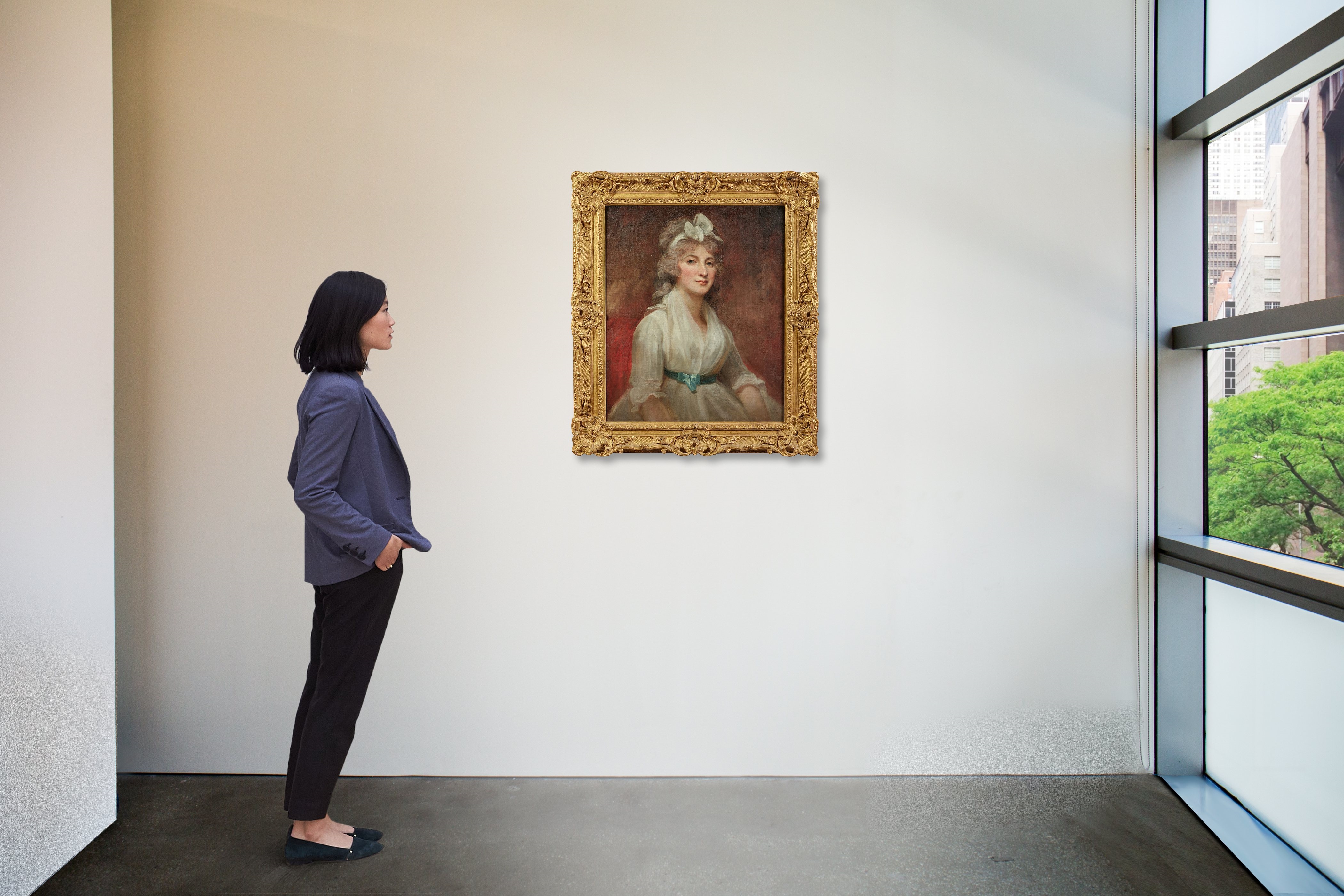 George Romney | Portrait of Miss Forbes, half-length, wearing a white ...