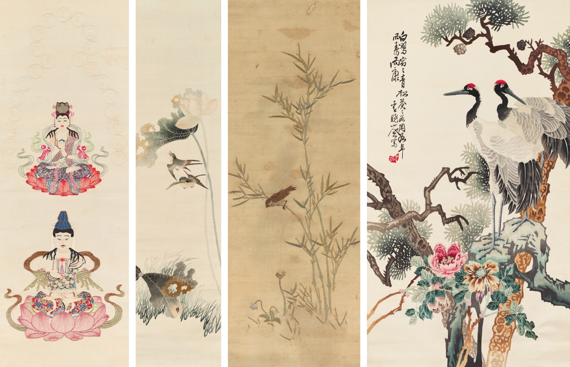 Four embroidered flower and bird statues - Li Xiaofeng