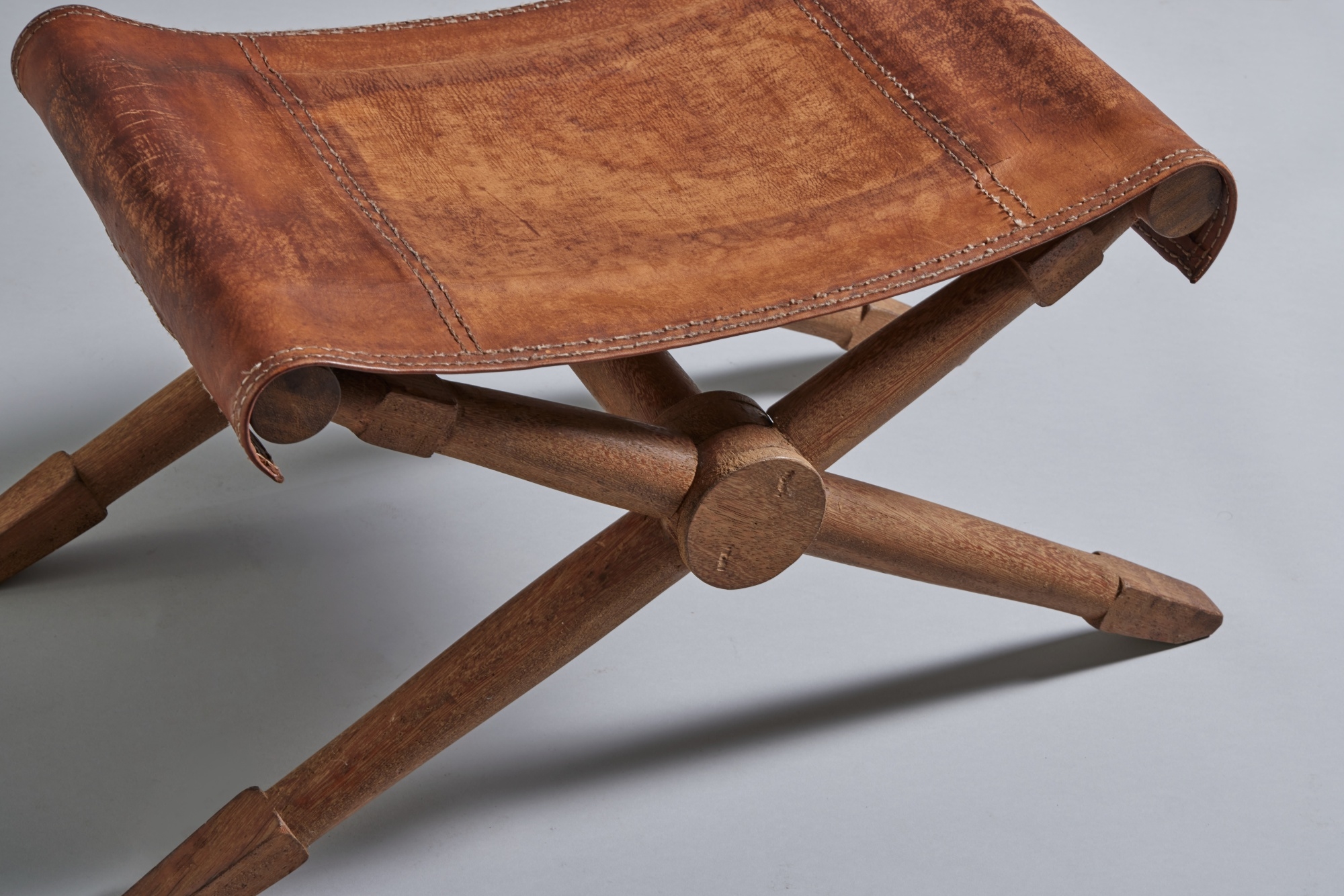 Artwork by Paul Rodocanachi, Pair of "Rodo" Folding Stools, Made of oak, original leather