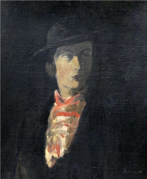 PORTRAIT OF A LADY IN RIDING HAT by Jacob Kramer