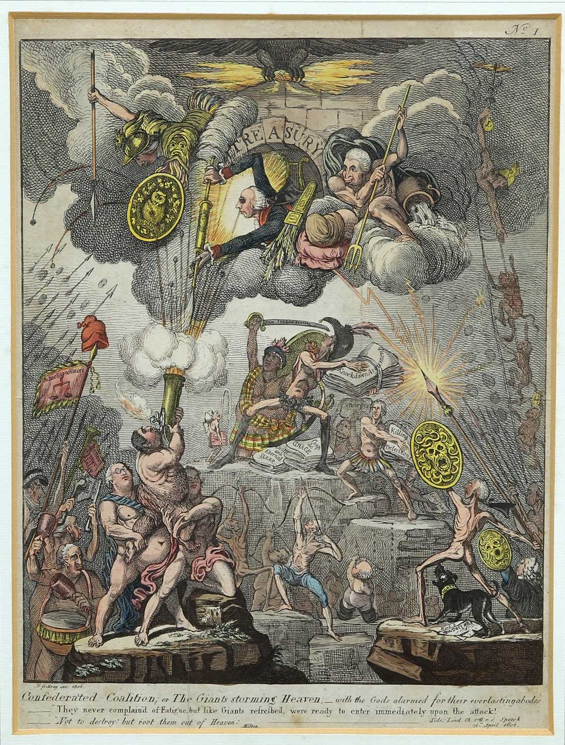 CONFEDERATED COALITION OF THE GIANTS STORMING HEAVEN by James Gillray