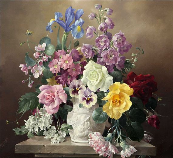 Harold Clayton | STILL LIFE OF FLOWERS IN A VASE ON A LEDGE | MutualArt