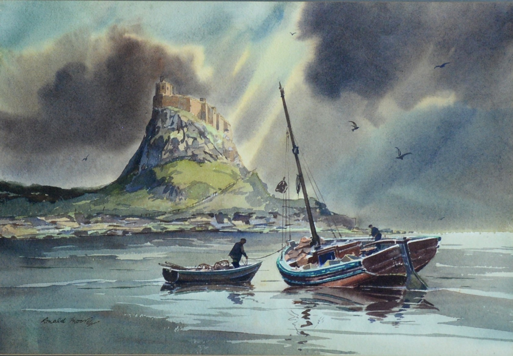 Ron Lambert | Crepuscular Rays over Lindisfarne Castle | MutualArt