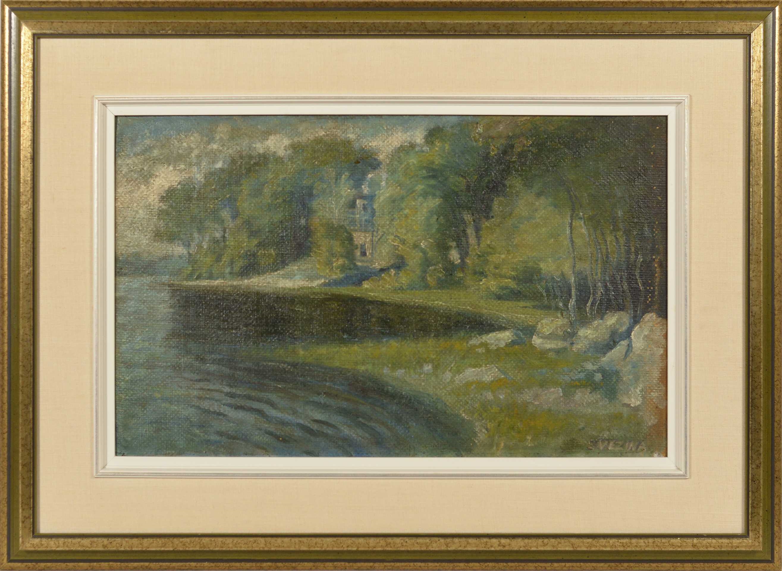 Artwork by Émile Vézina, Paysage Huile sur toile cartonnée, signée en bas à droite E. Vézina Dimension: 13" x 21" 33 x 53.3 cm ------------- Vézina, Émile, Made of Oil on canvas