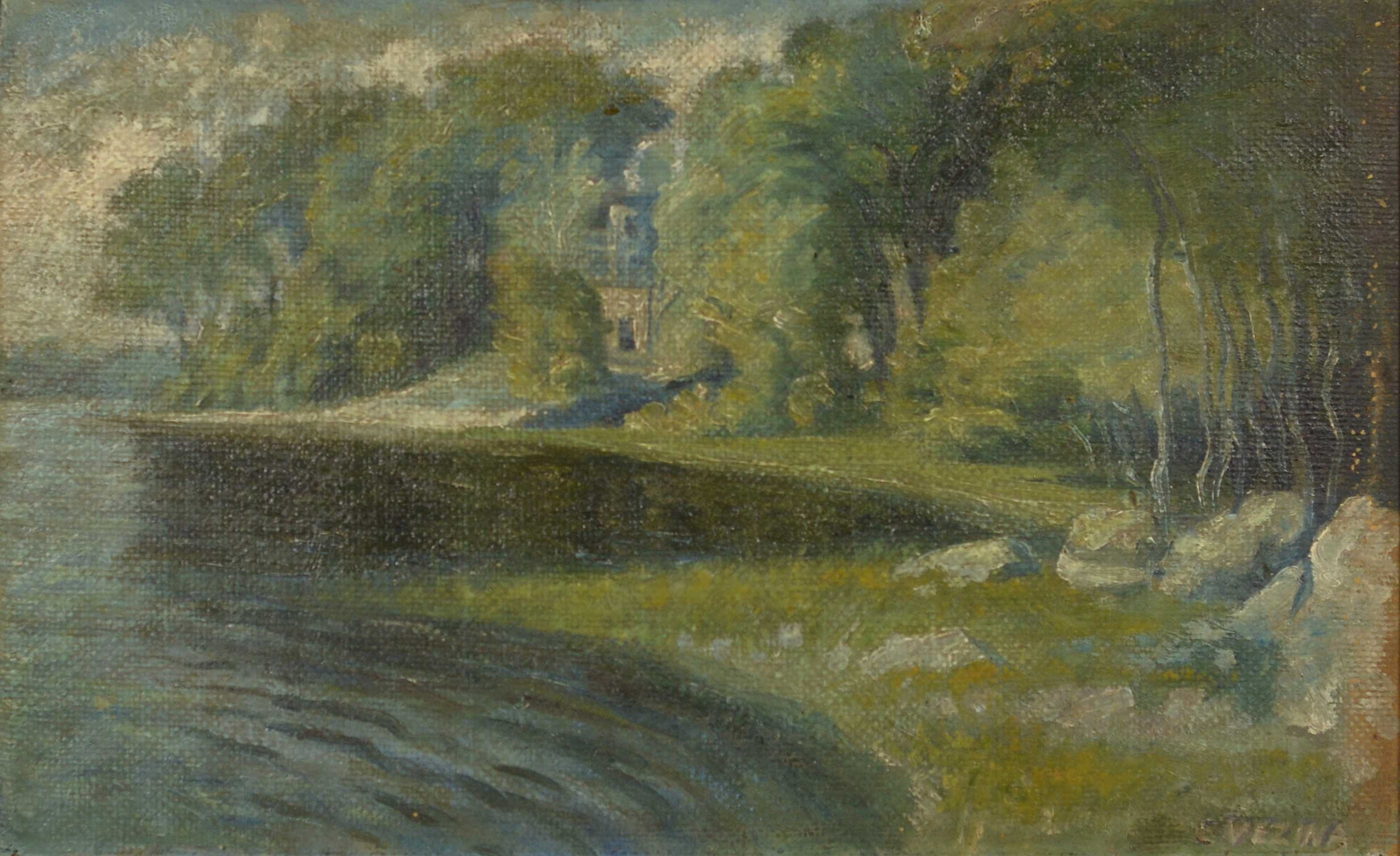 Artwork by Émile Vézina, Paysage Huile sur toile cartonnée, signée en bas à droite E. Vézina Dimension: 13" x 21" 33 x 53.3 cm ------------- Vézina, Émile, Made of Oil on canvas