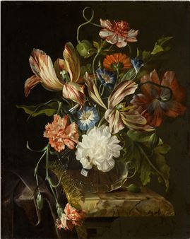 Still life of flowers, with peonies, carnations, variegated tulips and other assorted flowers arranged in a glass vase on a velvet draped stone ledge - Anna Ruysch