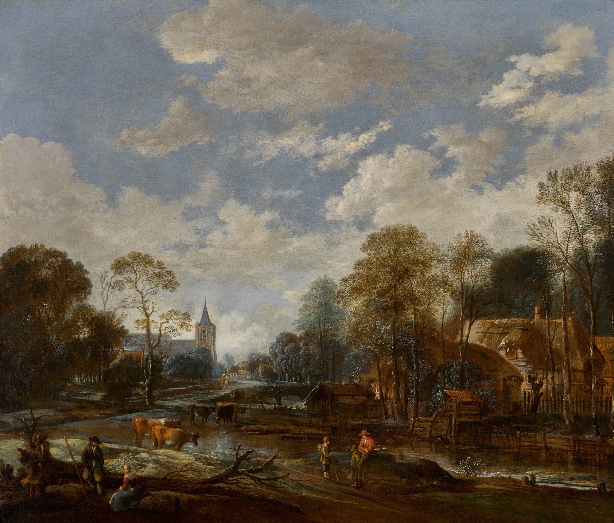 Aert Neer | Village landscape featuring a road and canal with a church ...