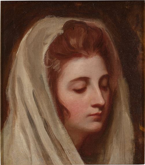 A portrait of Emma Hamilton (1765–1815), bust-length, wearing a white cowl with eyes averted by George Romney