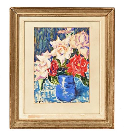 Floral still life with blue vase by Max Gubler, 1956