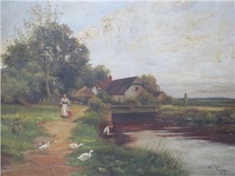Rural wooded river landscape with figures, ducks and cottage - William Allen