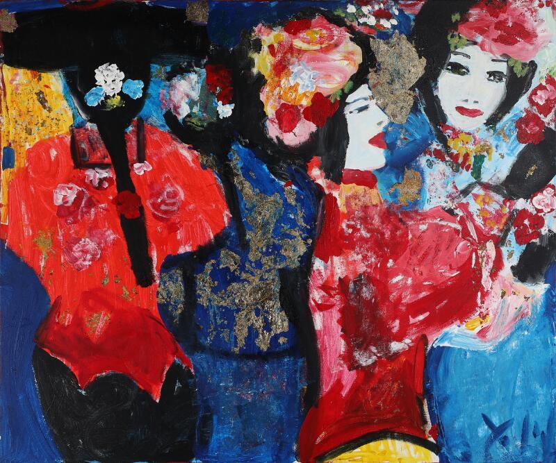 Artwork by Yrsa Isabel Lind, Composition with women, Made of Acrylic and gold leaf on canvas