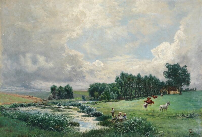 View of a field near a small stream with a family on a picnic by Thorvald Simon Niss, dated 1897