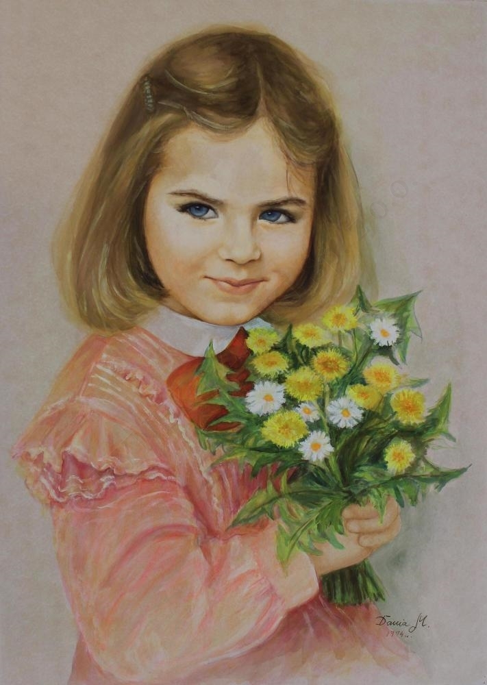 Artwork by Danuta Muszyńska-zamorska, Dziewczynka z bukietem kwiatów, Made of watercolor, gouache, paper/cardboard