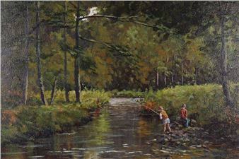 Children fishing by a stream - L. Reilly