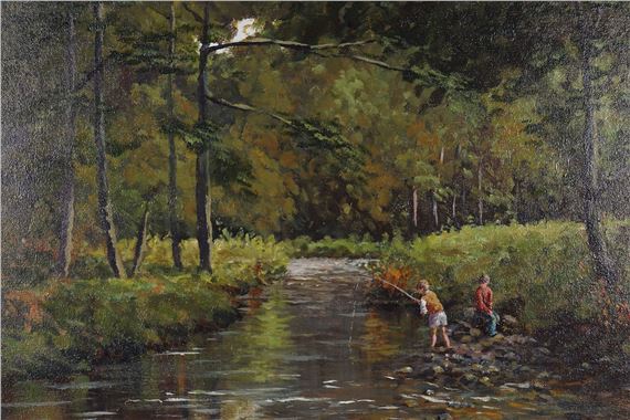 Children fishing by a stream - L. Reilly