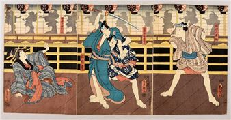 TOYOKUNI. Yakusha-e. Kabuki Theater scene. Killing in Furuichi. Triptych. - Utagawa Toyokuni