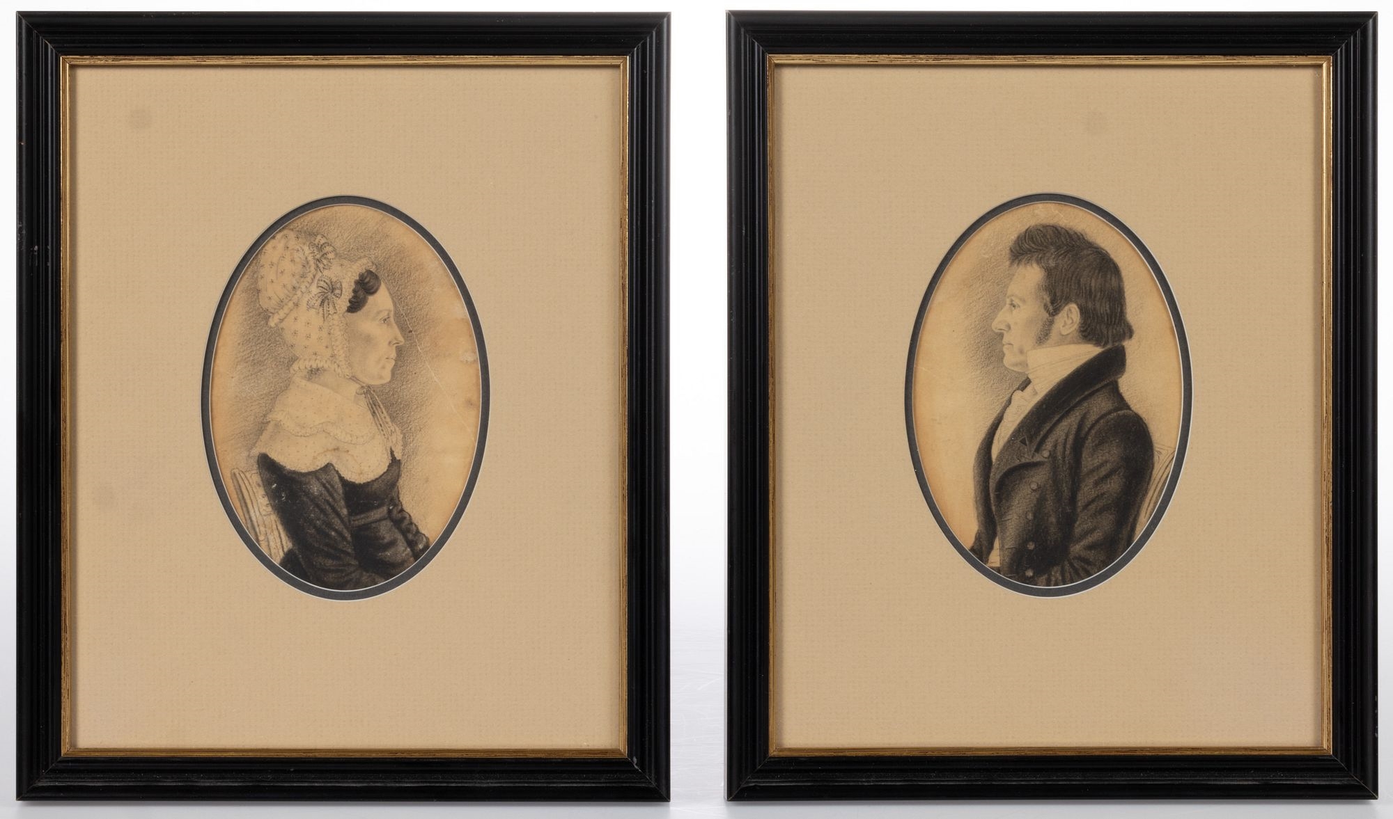 Artwork by Silon Amos Henkel, FOLK ART PAIR OF MINIATURE PORTRAITS, with illegible name of sitter and "Charlottesville Virginia" on reverse, Made of miniature