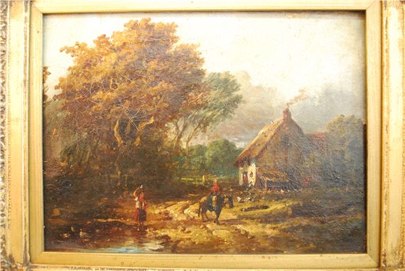 British School, 19th Century | Rural scene with figures before a ...