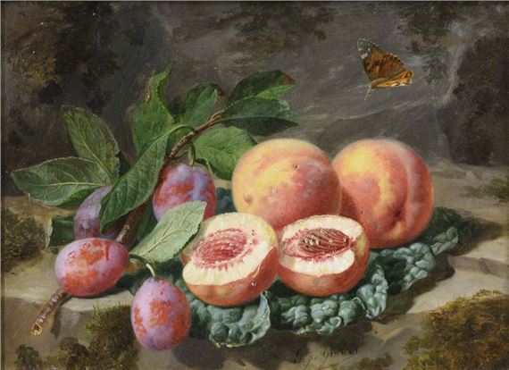Peaches and plums with butterfly by Anthelme-Eugene Grobon