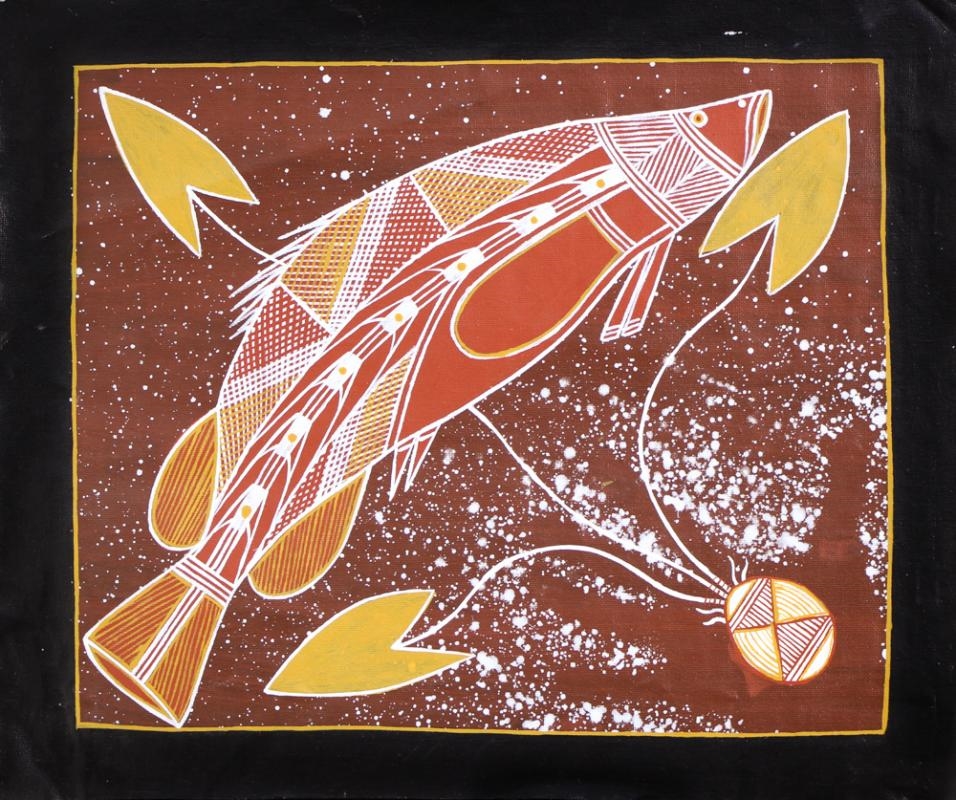 Artwork by Theo Gulamuwu, Barramundi and Lilies, Made of Synthetic polymer paint on canvas