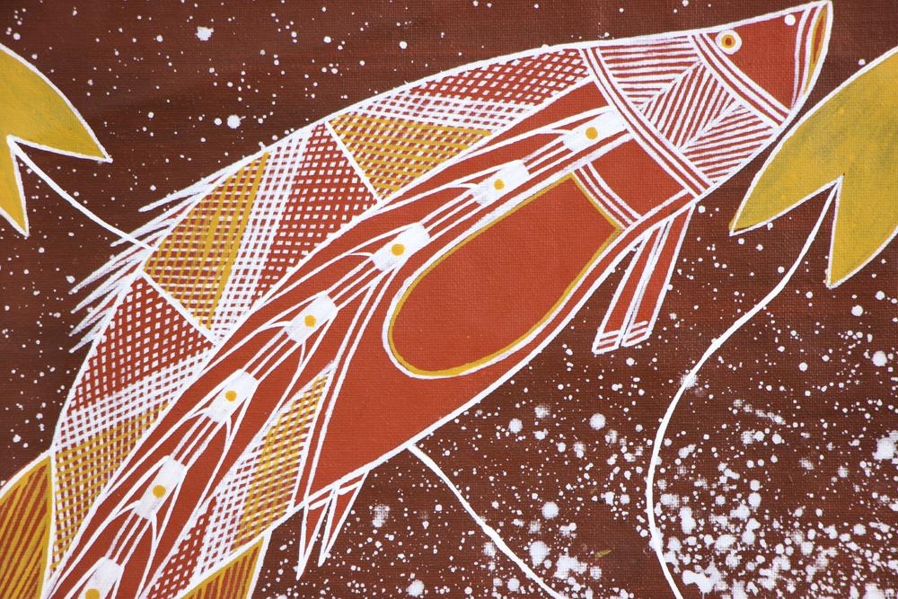 Artwork by Theo Gulamuwu, Barramundi and Lilies, Made of Synthetic polymer paint on canvas