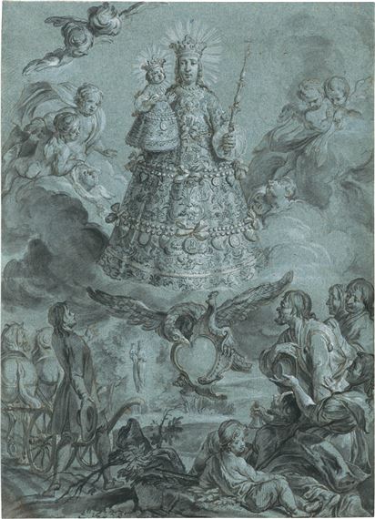 Die von Engeln umgebene Schutzmantelmadonna erscheint Landleuten auf dem Felde by Johann Wolfgang Baumgartner, Um 1750-60
