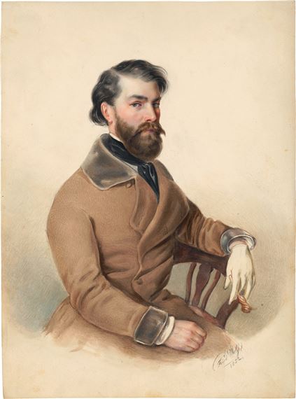 Porträt eines eleganten bärtigen Herren mit Zigarettenhalter by Friedrich Wolf, 1852
