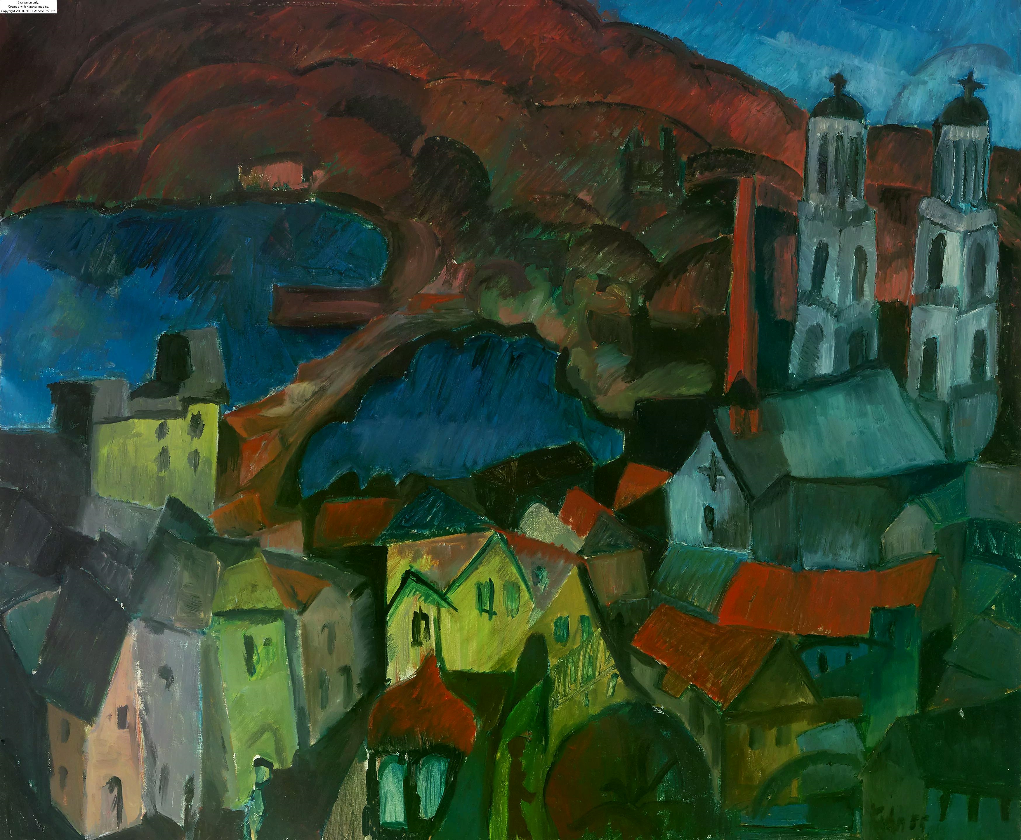 Artwork by Friedrich Kuhn, Zürich mit Grossmünster und Quaibrücke