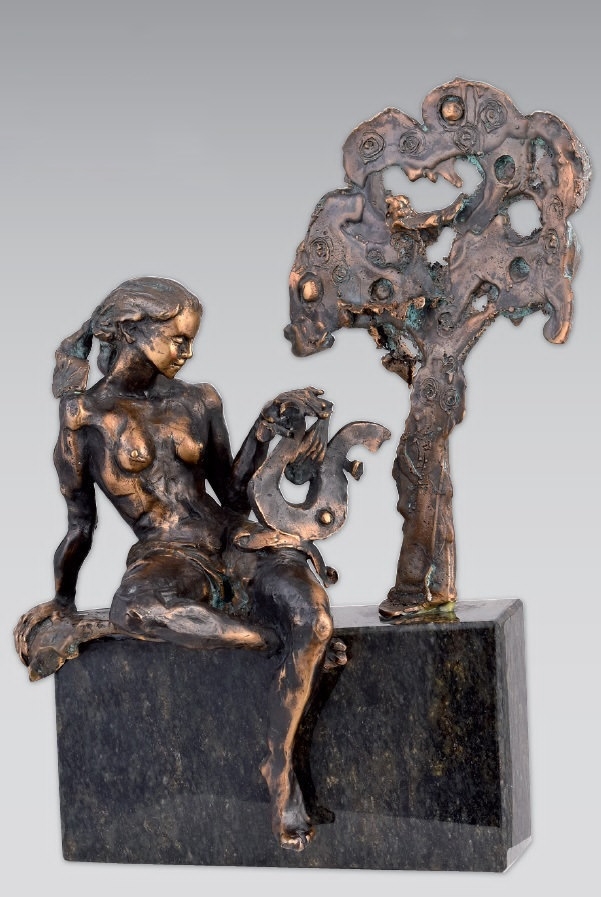 Artwork by Géza Gáspár, Fa mellett ülő lány, Made of Bronze