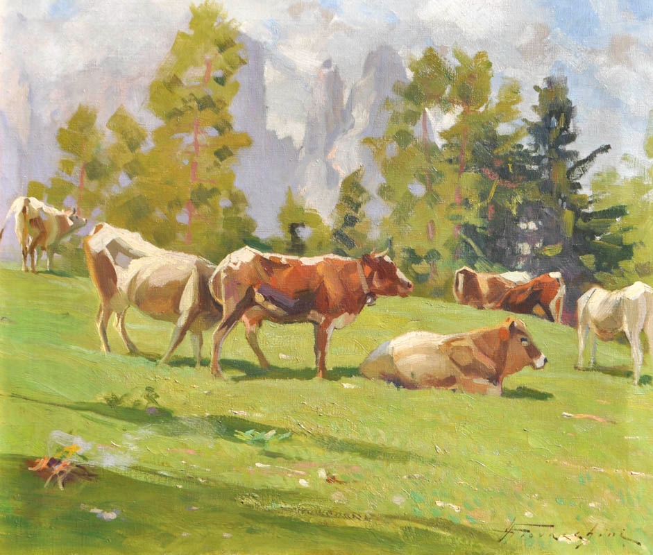 Artwork by Ulderico Giovacchini, MANDRIA DI MUCCHE DAVANTI ALLO SCILIAR, Made of oil on canvas