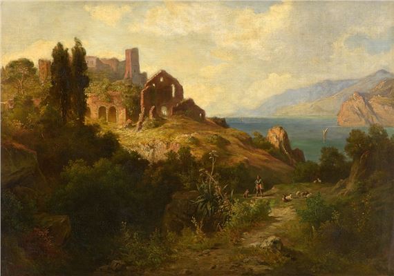 Italienische Küstenlandschaft mit Burgruine by Georg Köbel
