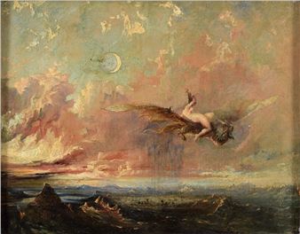 Frauenakt auf einem Drachen reitend, darunter zerstörte Landschaft - Symbolism School