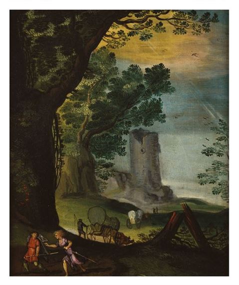 Animated landscape with a fortune teller Villagers and cart in the forest Two oils on copper. 19 x 16 by Tobias Verhaecht