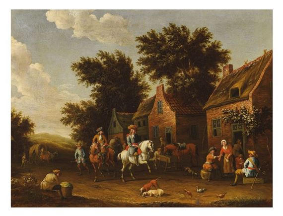 Two horsemen in a village Oil on canvas, signed lower middle and dated 1680. (Retrofitting) 50 x 64,5 cm by Eise Aetes Ruytenbach, dated 1680