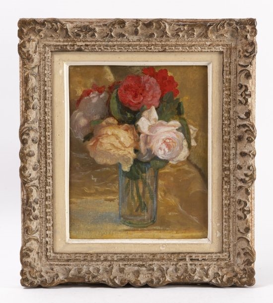 Artwork by Lucien Réne Mignon, Still life with a bunch of roses. Oil on canvas. Signed lower left. 27 x 22 cm., Made of Oil on canvas