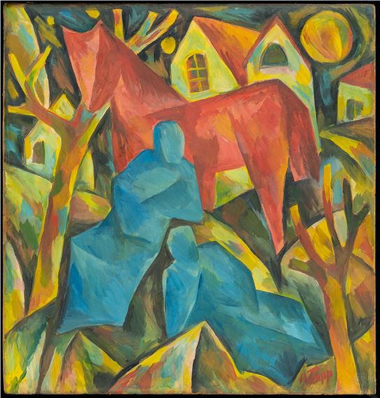 Arnold Topp | Red horse with blue figures in a town landscape | MutualArt