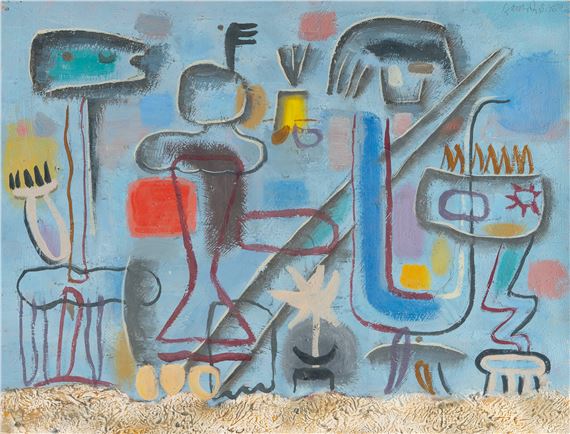 “Blau mit rotem Quadrat (kleines Format)” (Figures in a landscape) by Willi Baumeister, 1946