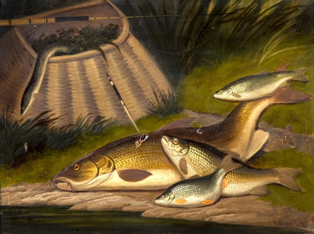 A. Roland Knight, The day's catch, trout, creel and rod on the river bank