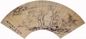 A folding fan with an ink literati landscape in the style of Chinese imaster Ni Tsan by Kobayashi Mimata Hitsu, The end of the 18th century.