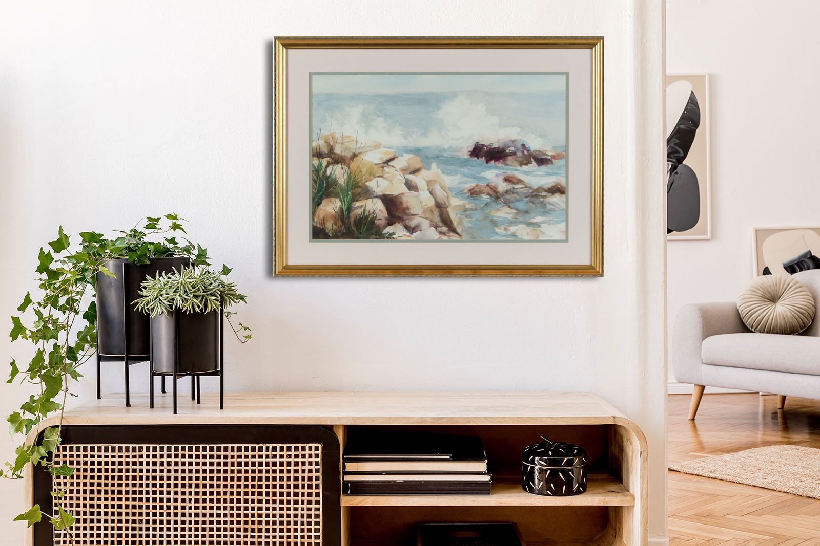 Artwork by Lee Daley, WAVES OVER THE ROCKS, Made of WATERCOLOUR DRAWING