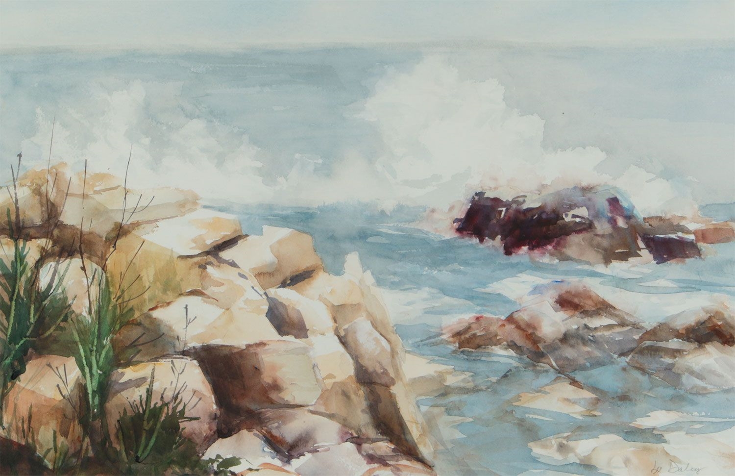 Artwork by Lee Daley, WAVES OVER THE ROCKS, Made of WATERCOLOUR DRAWING