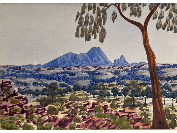 (Gum tree right, purple rocks and blue in the background.) by Cordula Ebatarinja