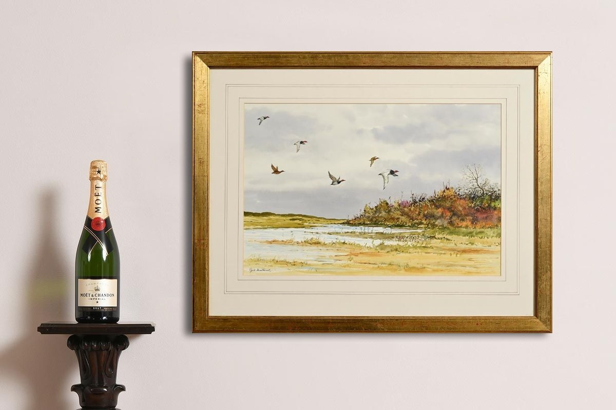 Artwork by Cyril Mulkernes, Ducks in Flight, Made of watercolour on paper