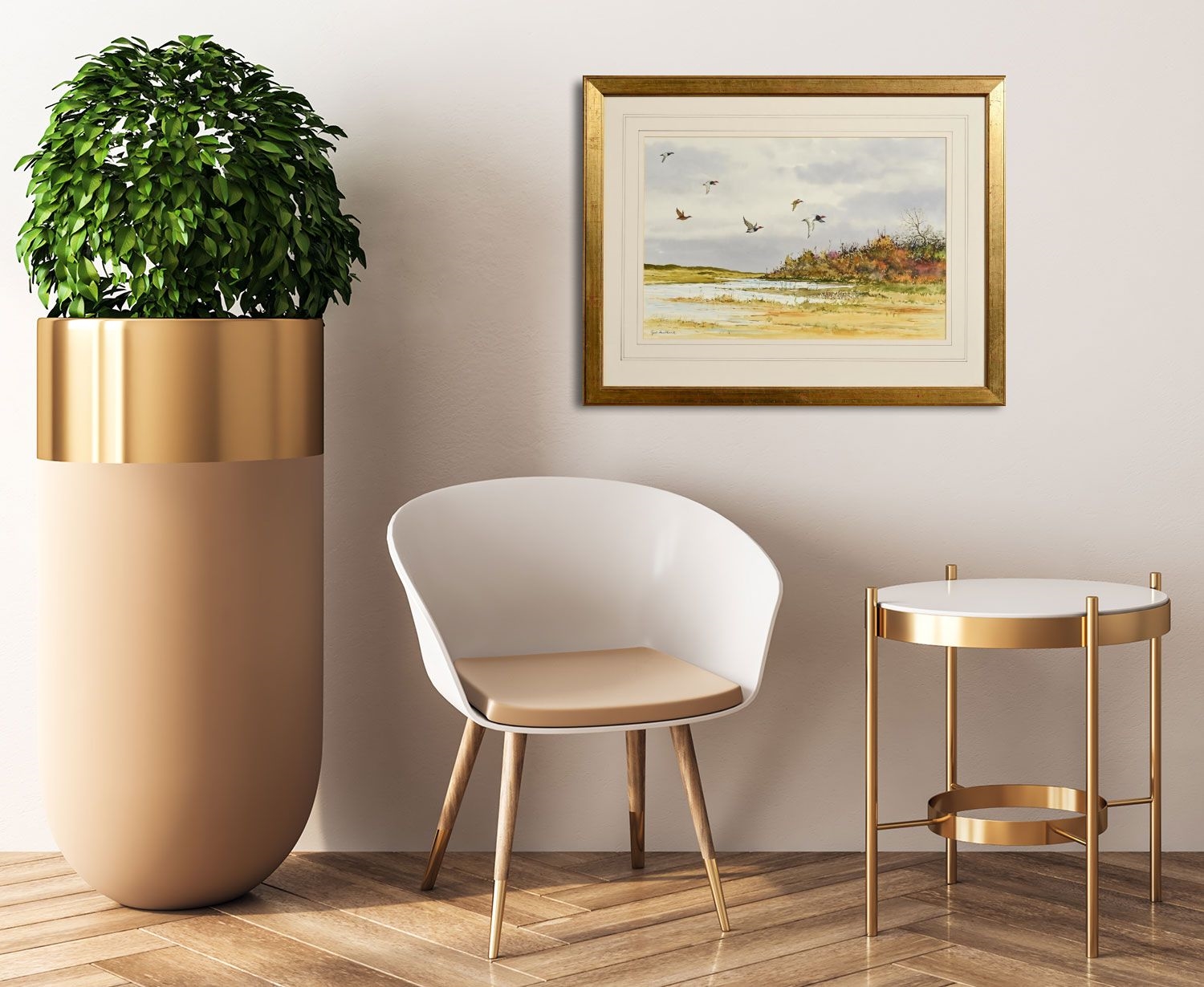 Artwork by Cyril Mulkernes, Ducks in Flight, Made of watercolour on paper